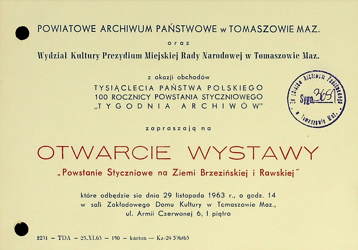 Zaproszenie na otwarcie wystawy pt. „Powstanie Styczniowe na Ziemi Brzezińskiej i Rawskiej”, 1963 r.